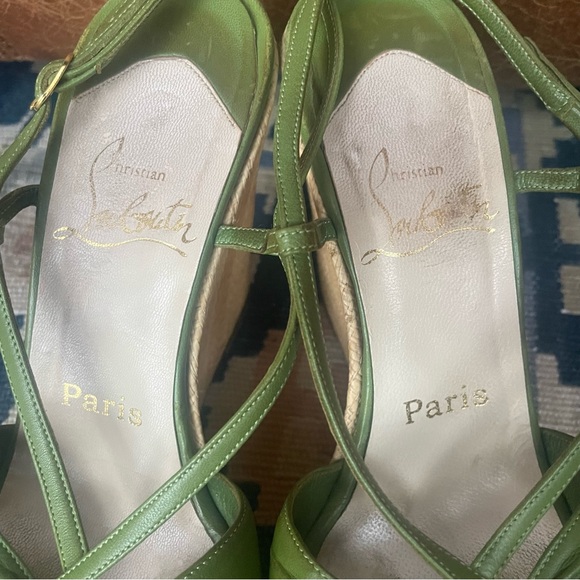 Christian Louboutin Green Leather Strappy Wicker Wedge Sandals Size 37 - Picture 3 of 12